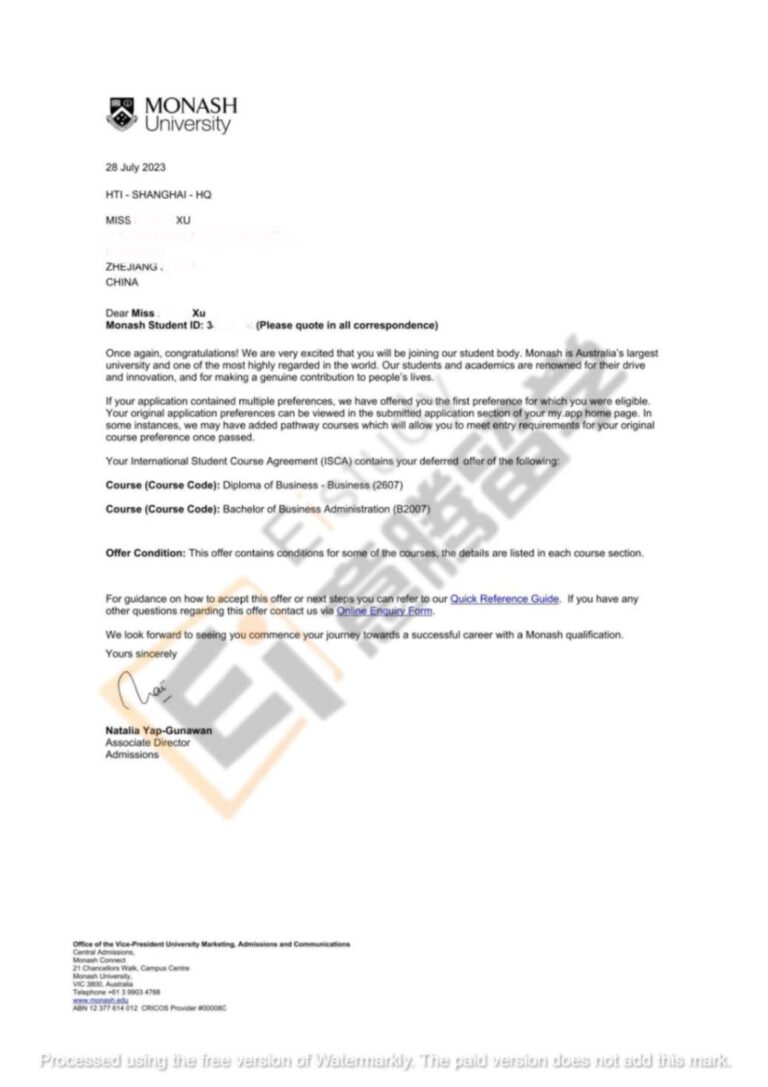 海外大学-Offer-Monash-Peiran Xu