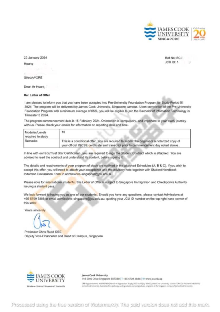 私立大学-Offer-JCU-Huang Zonghan