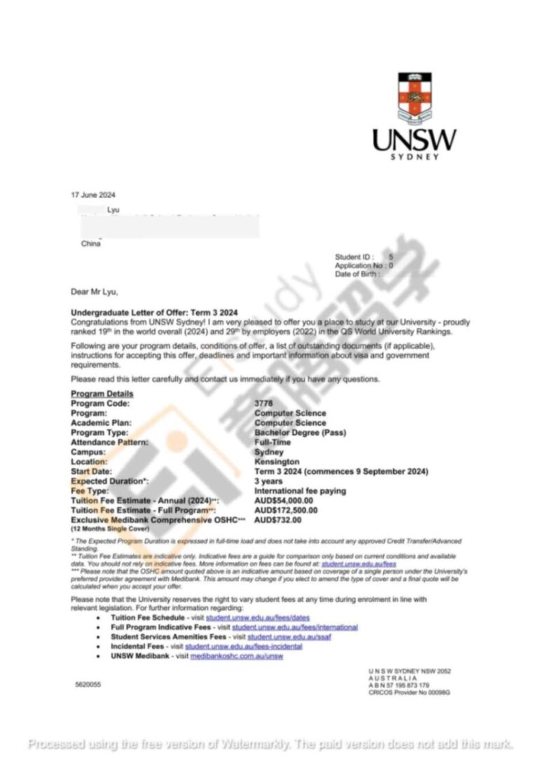 海外大学-OFFER-UNSW-LMY