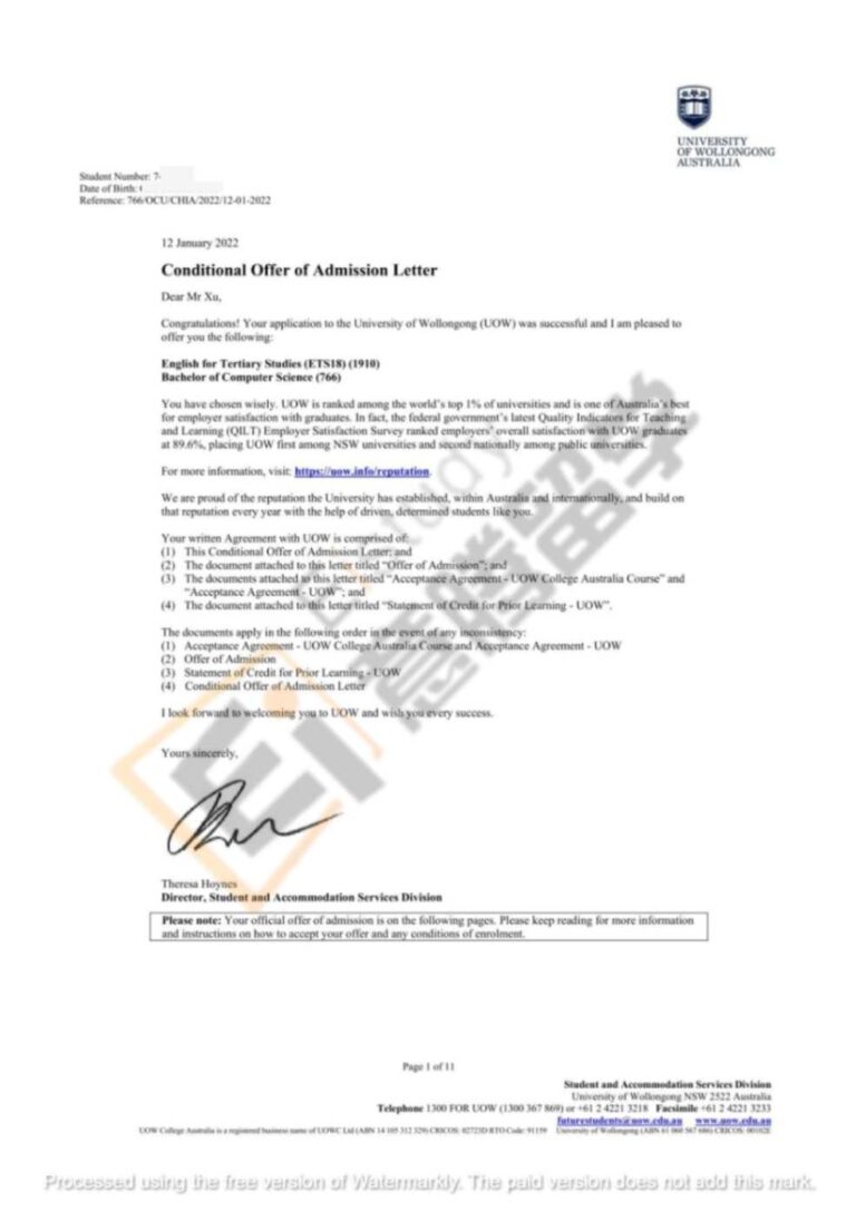 海外大学-OFFER-University of Wollongong-XWK